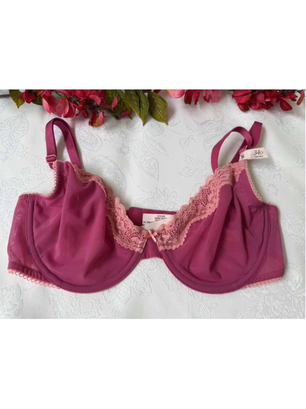 Victoria's Secret Pink Tease Sheer Mesh Unlined Demi Bra Pink Lace Trim 34D NEW